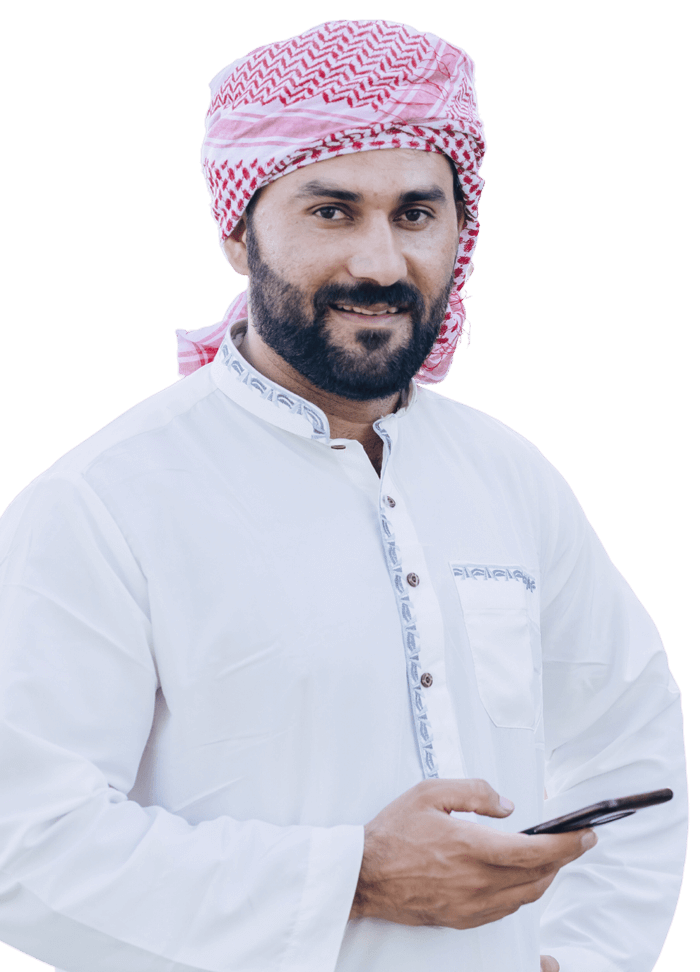 Arab-Islam-Muslim-male-from-Saudi-Arabia-portrait-happy-smile-standing-outdoors-with-smart-phone